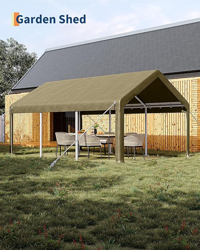 GarveeLife 10x20 ft Portable Garage, Car Port with 200 g PE Tarp Cover, with Front & Rear Roll-Up Doors and 4 Windows, for Temporary Paint Booth, Boats&Pickups Shed, and Event Shelter, Khaki