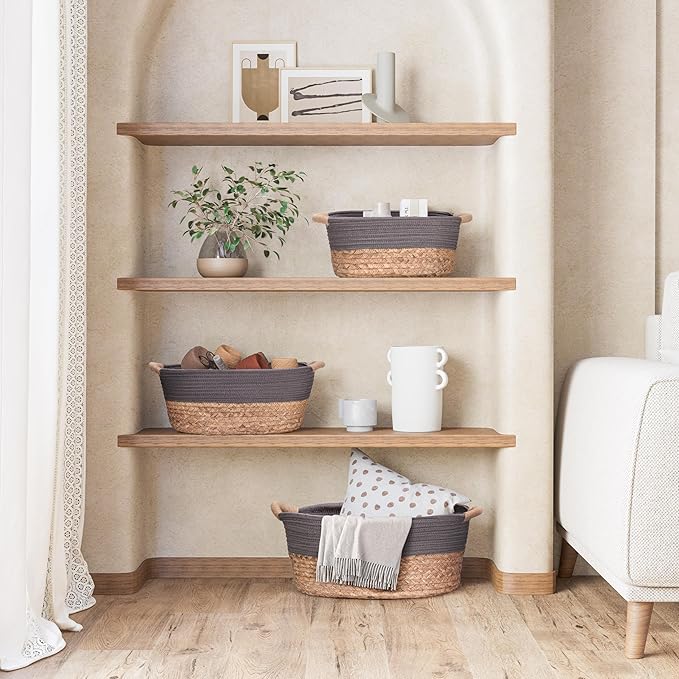 Seville Classics Premium Natural Handwoven Portable Laundry Bin Basket with Carrying Handles, Household Storage for Clothes, Linens, Sheets, Natural Water Hyacinth and Gray Rope, 3 Piece Set