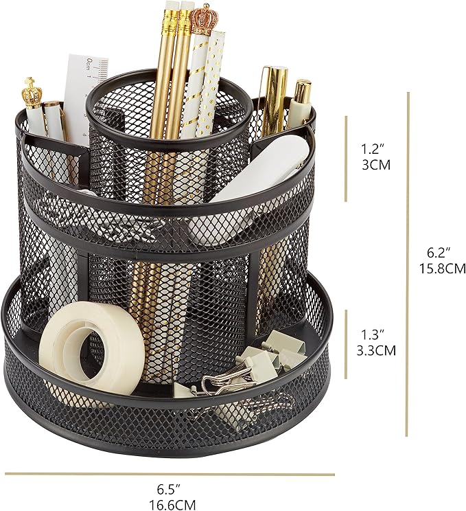 Annova Mesh Desk Organizer Rotate with 5 Compartments Round Spinning Tidy Candy/Pen Holder Desk Accessories Office, Art Supply, Storage, Classroom, Home (Black)