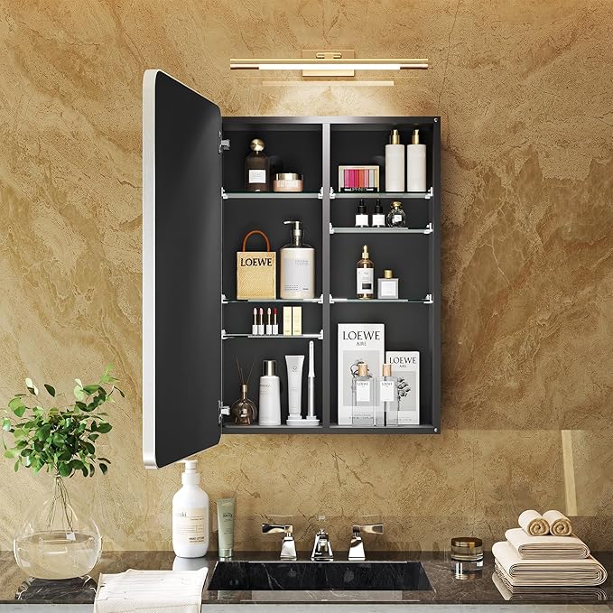 Silver Bathroom Medicine Cabinet 20x30 Inch, Aluminum Mirror Cabinet with Storage, 6 Adjustable Glass Shelves, Waterproof Recessed or Surface Mount, Classic Silver Finish, Quiet Closing