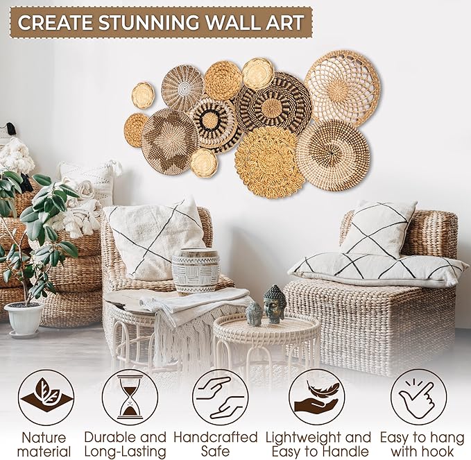 Laquedecraft Set 12 Boho Wicker Rattan Plate Basket Set For Décor Hanging Wall | Large Woven Farmhouse Rustic Bohemian Art Baket Hangings For Decorative Home, Bedroom, Living Room, Kitchen, Bathroom (Classic, 12)