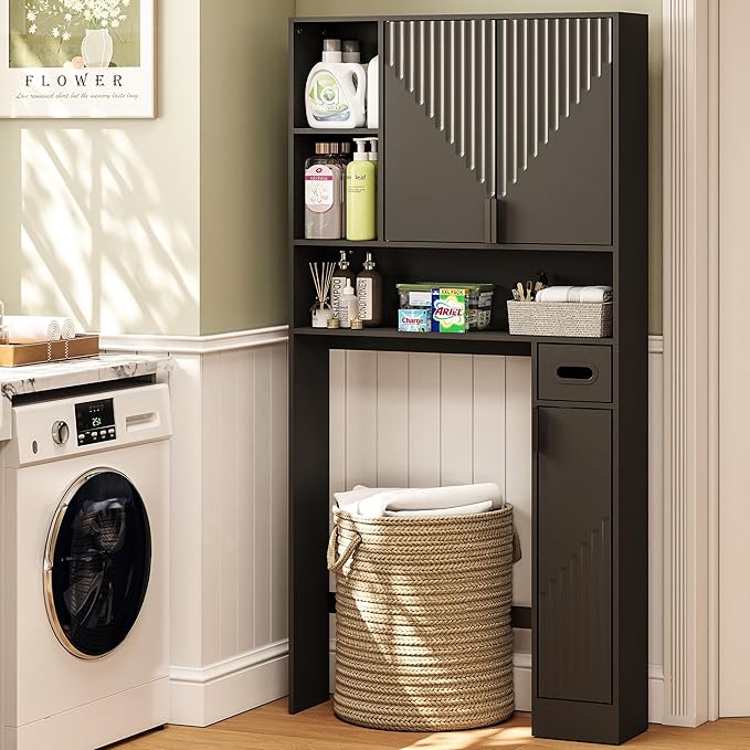 GOODONE Black Over The Toilet Storage Cabinet - with 3 Doors and Toilet Paper Holder Stand, FreeStanding, for Bathroom, Restroom, Laundry