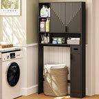 GOODONE Black Over The Toilet Storage Cabinet - with 3 Doors and Toilet Paper Holder Stand, FreeStanding, for Bathroom, Restroom, Laundry