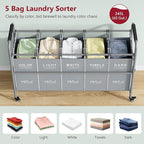 Tajsoon 5 Bag Laundry Sorter Cart, Laundry Hamper Sorter Basket with Heavy Duty Lockable Rolling Wheels for Clothes Storage, Grey & White