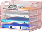 4-Tier Paper Organizer for Desk With Handle, Mesh Desktop File Tray, Office Classroom Organization and Storage - Pink