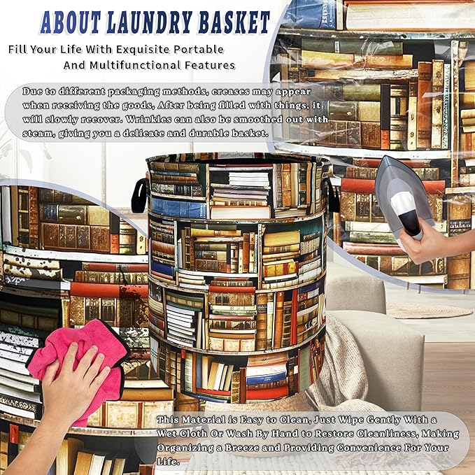 Retro Wooden Bookshelf Laundry Basket Oxford Cloth Books Laundry Hamper With Handle Foldable Portable Clothes Storage Basket Funny Laundry Bag 18.9"x16.5" For Laundry Room/Bedroom/Bathrooms
