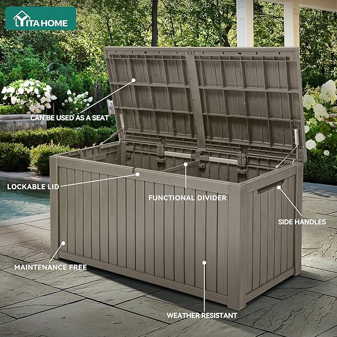 YITAHOME 180 Gallon XL Outdoor Storage Deck Box with Divider, Waterproof & Lockable, Ideal for Patio Furniture and Garden Tools, Resin-Built, Wood-Like Texture, Brown