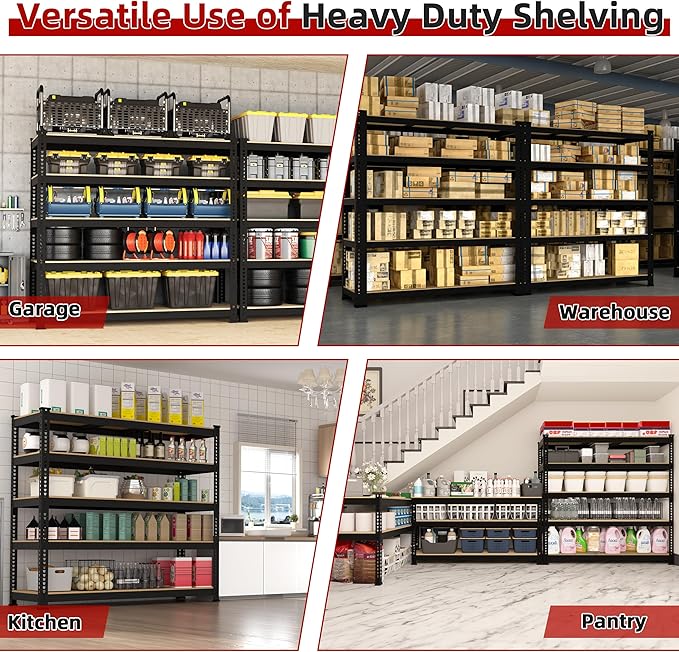48" W x 24" D x 72" H Adjustable Garage Storage Shelves - 5-Shelf Heavy Duty Shelving Unit, Metal Utility Storage Organizer Racks for Warehouse Pantry Closet Kitchen, Black