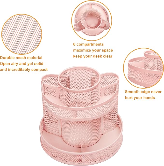 Annova Mesh Desk Organizer Rotate with 5 Compartments Round Spinning Tidy Candy/Pen Holder Desk Accessories Office, Art Supply, Storage, Classroom, Home (Light Pink)