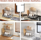 2 Tier Dish Drainers Drying Rack for Kitchen Counter Large Stainless Steel Dishes Drain with Drainboard, Space Saving, Big Modern Silver Countertop Metal Plates Dryer Strainer Holder and Extra Tray