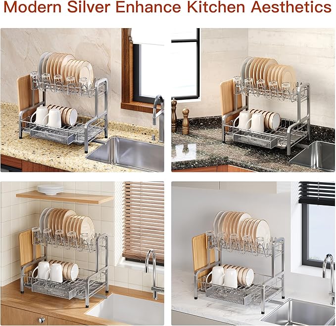2 Tier Dish Drainers Drying Rack for Kitchen Counter Large Stainless Steel Dishes Drain with Drainboard, Space Saving, Big Modern Silver Countertop Metal Plates Dryer Strainer Holder and Extra Tray