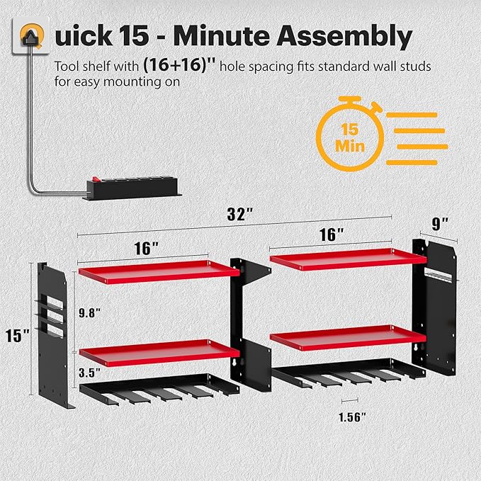 Power Tool Organizer Wall Mount with Charging Station, 15 Min Assembly & Maximum 420lbs Load by Heavy Duty Metal, 8 Slots for Cordless Drill, Tool Battery Holder with 6 Outlet Power Strip