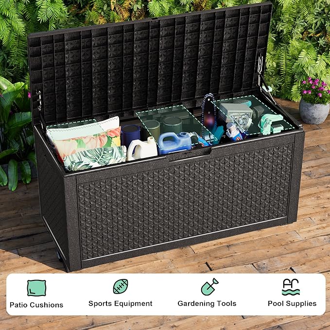110 Gallon Outdoor Waterproof Resin Storage Deck Box Lockable Outside Bench UV Resistant Bin Patio Porch Furniture Pool Float Garden Tool Cushion Black
