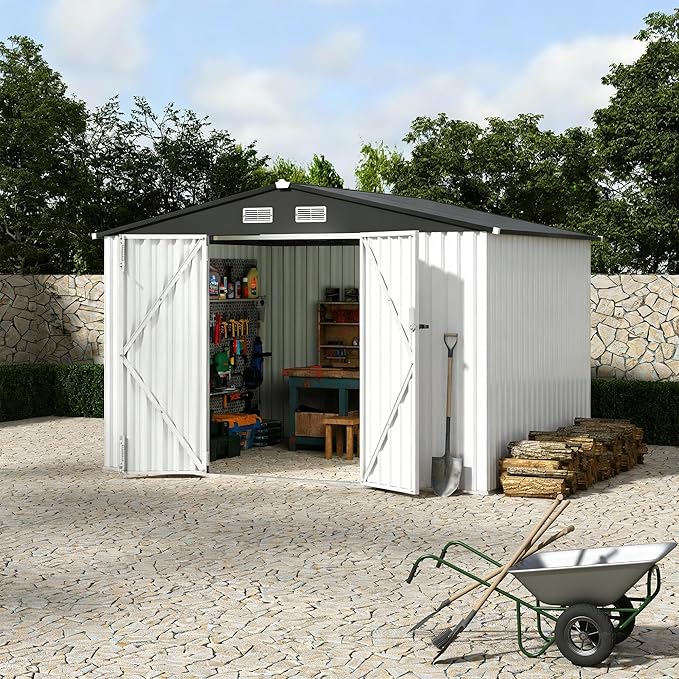 8x6 FT All-Steel Outdoor Storage Shed, Multi-Purpose Garden Tool Shed with Lockable Doors & Air Vents, Heavy Duty Utility Building for Backyard, Workshop, Lawn - Value Pack, Weather Resistant