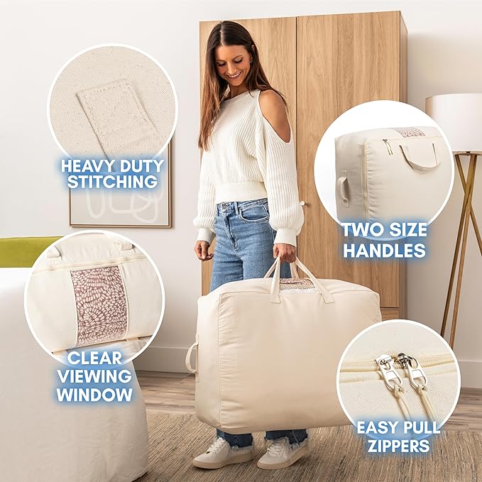 Soft Canvas Storage Bags with Zipper. Thick Breathable, 2pc King/Queen Comforter Organizer. Four Carrying Handles and Window. Large 25x19x9in Bag for Sheets Blankets Bedding Pillows, Clothes