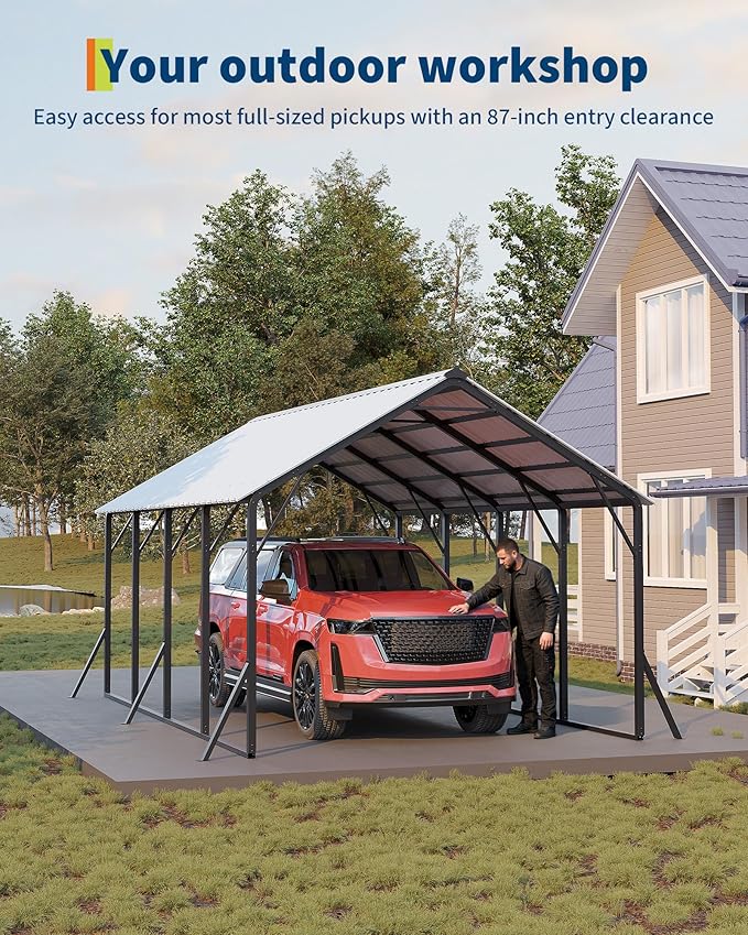 GarveeLife 13x21 ft Metal Carport with Vertical Roof, Heavy-Duty Metal Car Port with Reinforced Frame, Steep-Pitch Roof Design, High-Clearance for Full-Sized Pickup, White