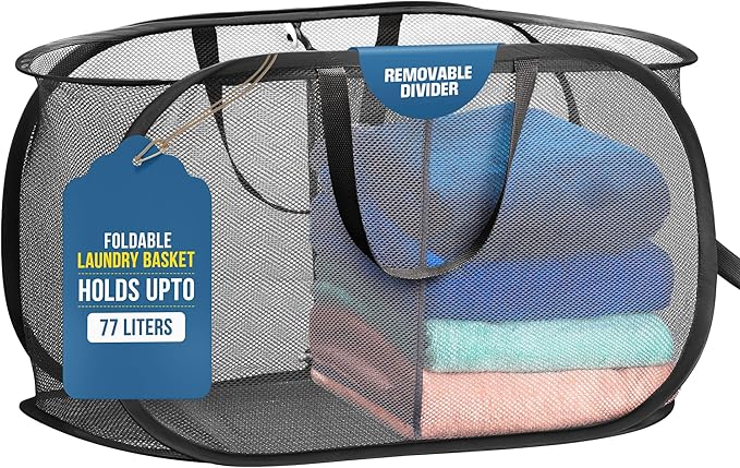 Foldable Laundry Basket - Popup and Collapsible, Durable Mesh Material, Folds for Storage, Easy Carry Handles - Great Hamper for College Dorm, Laundry Room or Travel (Black, 2-Compartments)