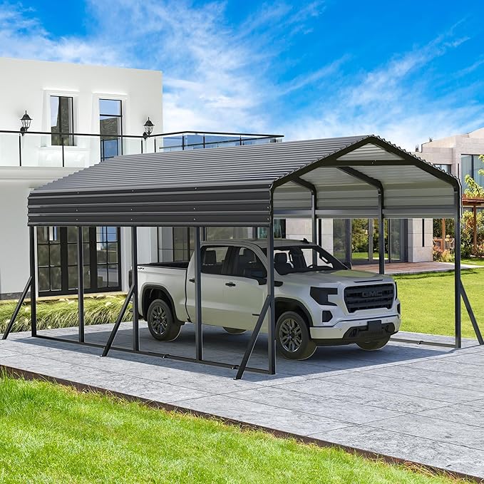 Carport Canopy 12’X20’ Heavy Duty Car Port Galvanized Steel Roof, Reinforced Stable Triangle Frame for Snowy Windy Metal Carports Enhanced Base Car Tent for Car,RV,Pickup,Boat,Truck,Tractor