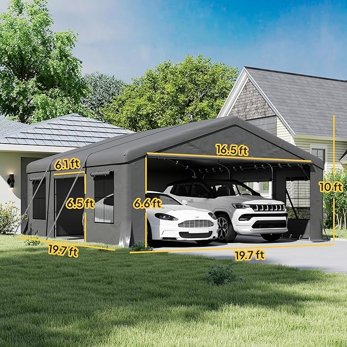 Outsunny 20' x 20' Heavy Duty Carport, Portable Garage Car Canopy Tent with Reinforced Galvanized Frame, 3 Roll-up Doors, 4 Mesh Windows for Cars, Trucks, Boats, Motorcycle, Bike, Dark Gray