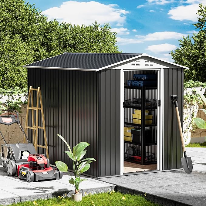 6x9FT Metal Storage Shed, Garden Tool Shed with Lockable Double Door & Sloping Roof, Outdoor Backyard Storage（Grey）