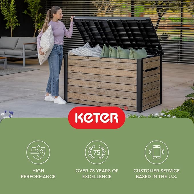 Keter Signature Collection XXL 230 Gallon Resin Deck Box Organization and Storage Box for Patio Outdoor Cushions, Throw Pillows, Garden Tools and Pool Supplies, Pine