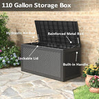 110 Gallon Outdoor Storage Box, Resin Deck Boxes Outdoor Waterproof For Patio Furniture, Garden Tools, Pool Supplies, Lockable And UV Resistant (Rattan Black)