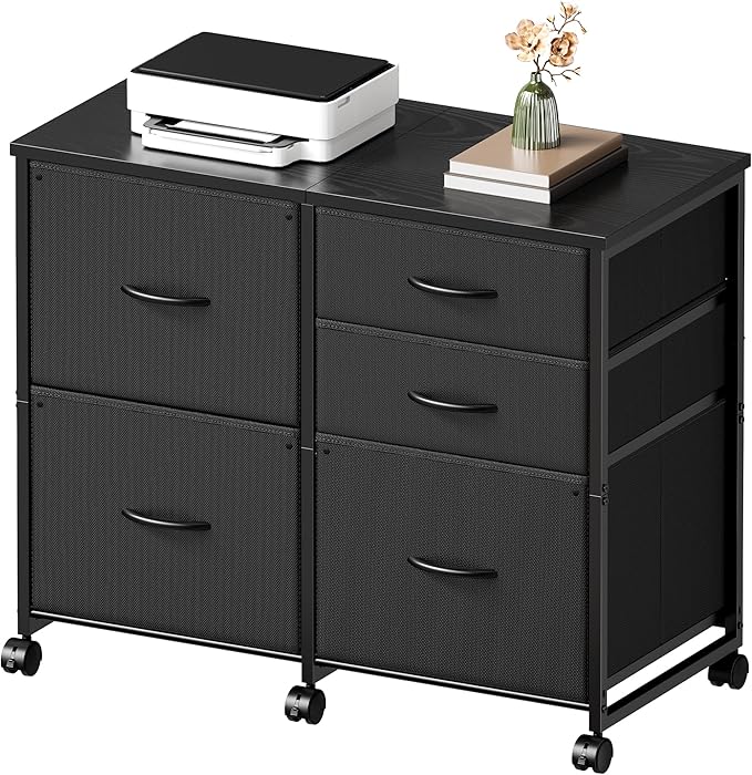 Lateral File Cabinet with 5 Drawers Rolling Filing Cabinets Under Desk Storage Printer Stand with Wheels,Mobile File Cabinet for Home Office,Black
