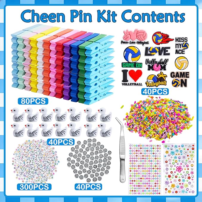 80 Set Cheer Pins Volleyball Spirit Clips, Include 80 Wooden Cheer Colored Clothes Pins 300 Letter Beads 120 Mini Volleyball Decor for Team Gifts for Cheerleading Backpacks Cheer Gifts Bulk