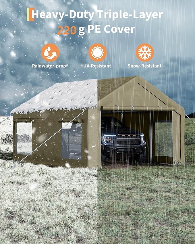 10 x 20ft Carport, Portable Carport with Roll-Up Windows & Removable Sidewalls & Doors Thickened Wind Ropes, Ground Nails, Portable Garage for Cars, Trucks, Boats, 200G Durable Tarp Cover,Yellow