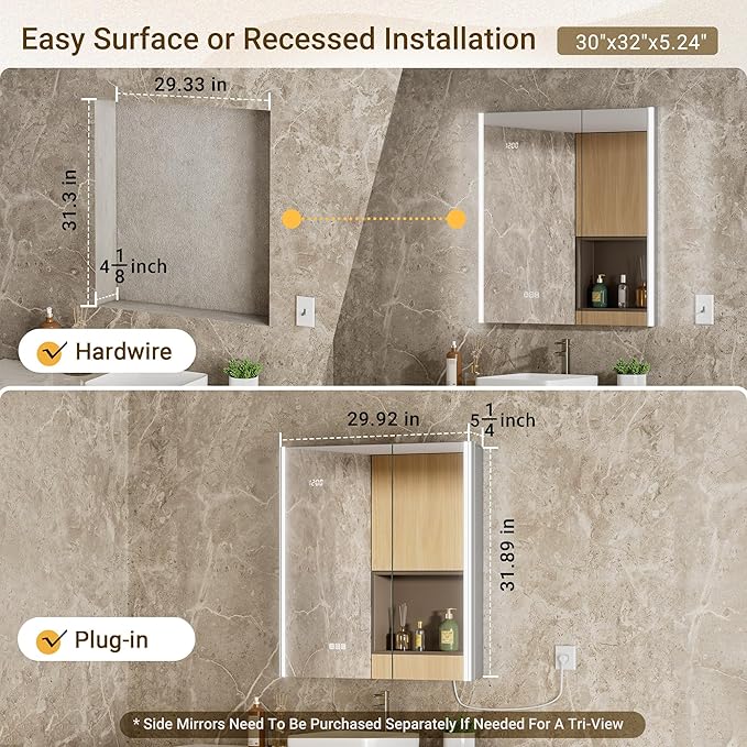 30x32 Lighted Medicine Cabinet Mirror with Lights & Smart Night Lamp -Surface or Recessed Medicine Cabinet Mirror with Outlet & Clock,Fogless Dimmable LED Storage Mirror,Built-in Sensor Light