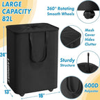 Simple Houseware Large 82L Laundry Basket with Wheels, Collapsible Waterproof Hamper with Handles and Mesh Cover, Black