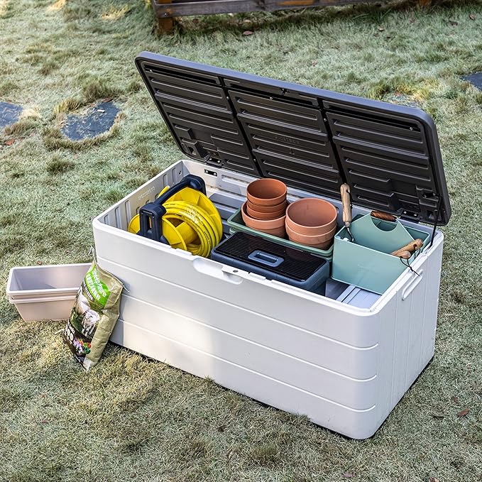110 Gallon Outdoor Deck Box, Outside Storage Box Waterproof for Cushion Storage, Garden Tools, Lockable Outdoor Storage Bin, Light Beige