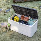 110 Gallon Outdoor Deck Box, Outside Storage Box Waterproof for Cushion Storage, Garden Tools, Lockable Outdoor Storage Bin, Light Beige