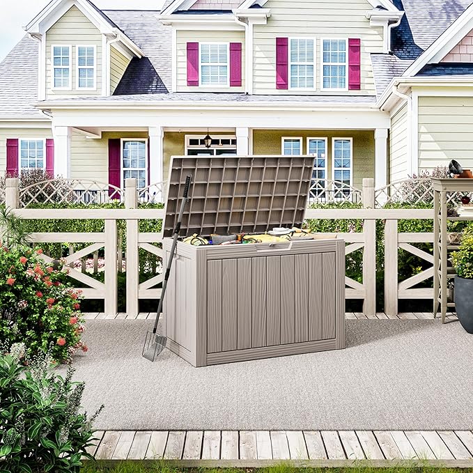 45 Gallon Outdoor Storage Box, Resin Deck Boxes Outdoor Waterproof For Patio Furniture, Garden Tools, Pool Supplies, Lockable And UV Resistant (Striped Gray)