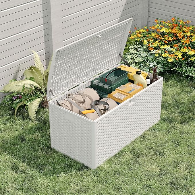 Garvee 73 Gallon Waterproof Large Resin Deck Box Indoor Outdoor, Lockable Storage Container for Patio Furniture Tools, Waterproof Deck Box Patio Storage Bin for Pool Garden, White