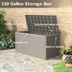 110 Gallon Outdoor Storage Box, Resin Deck Boxes Outdoor Waterproof For Patio Furniture, Garden Tools, Pool Supplies, Lockable And UV Resistant (Rattan Gray)