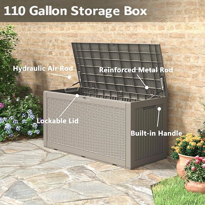 110 Gallon Outdoor Storage Box, Resin Deck Boxes Outdoor Waterproof For Patio Furniture, Garden Tools, Pool Supplies, Lockable And UV Resistant (Rattan Gray)