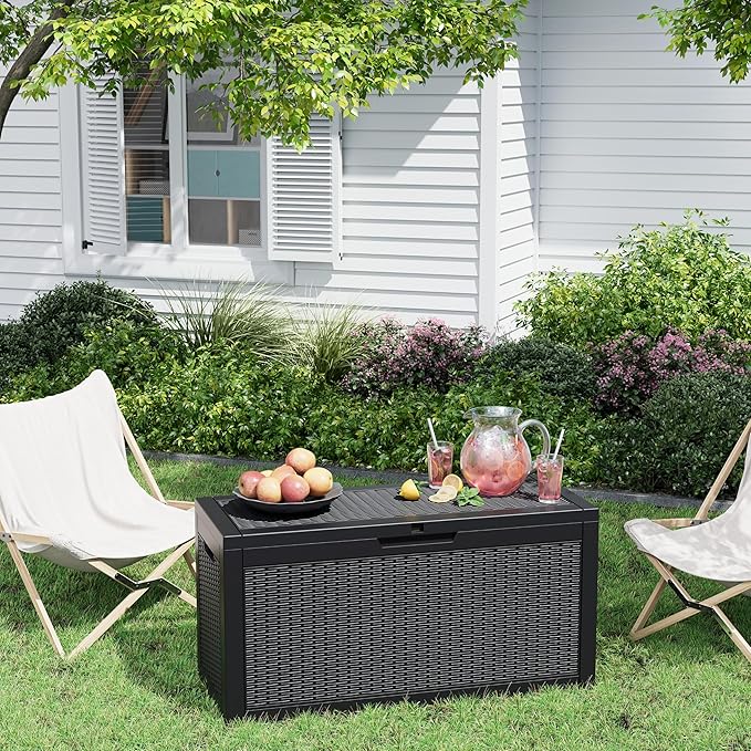 72 Gallon Outdoor Storage Box, Resin Deck Boxes Outdoor Waterproof For Patio Furniture, Garden Tools, Pool Supplies, Lockable And UV Resistant (Rattan Black)