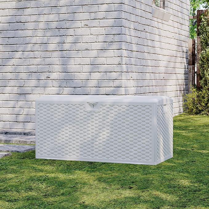 Garvee 73 Gallon Waterproof Large Resin Deck Box Indoor Outdoor, Lockable Storage Container for Patio Furniture Tools, Waterproof Deck Box Patio Storage Bin for Pool Garden, White