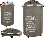 dbest products Bigger Laundry Trolley 360 Rolling Hamper Basket on wheels Bag Cart Large Capacity with Removable Liner for Dirty Clothes Drawstring Cover 4 Swivels, Brown