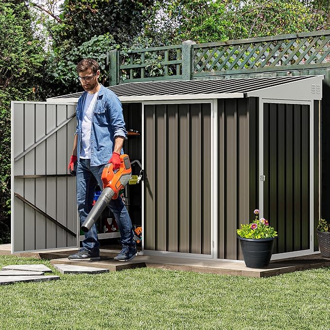 DWVO 7x4 FT Outdoor Weatherproof Storage Shed, Secure Metal Bike Shed w/Lockable Entry, Garden Storage Solution for Lawn Equipment, Tools, Waste Bin, Dark Gray