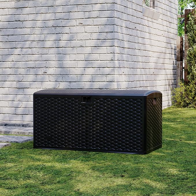Garvee 73 Gallon Waterproof Large Resin Deck Box Indoor Outdoor, Lockable Storage Container for Patio Furniture Tools, Waterproof Deck Box Patio Storage Bin for Pool Garden, Black