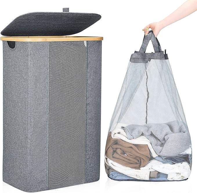 ELONG HOME Laundry Basket, 100L Grey Collapsible Laundry Baskets with Removable Liner and Bamboo Handle, Laundry Basket with Lid for Bathroom, Bedroom & Laundry Room