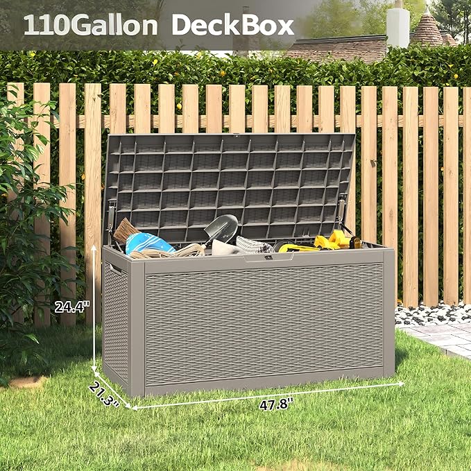 110 Gallon Outdoor Storage Box, Resin Deck Boxes Outdoor Waterproof For Patio Furniture, Garden Tools, Pool Supplies, Lockable And UV Resistant (Rattan Gray)