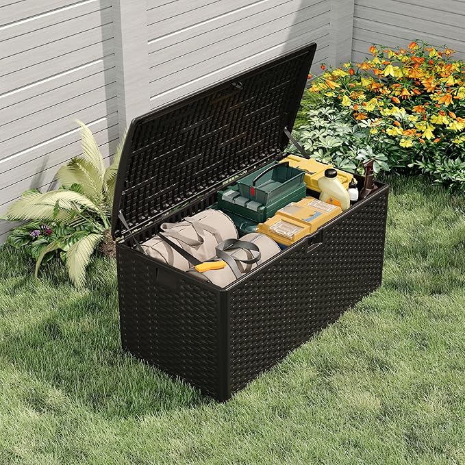 Garvee 73 Gallon Waterproof Large Resin Deck Box Indoor Outdoor, Lockable Storage Container for Patio Furniture Tools, Waterproof Deck Box Patio Storage Bin for Pool Garden, Black